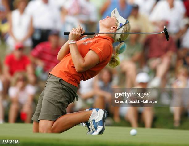 European team member Suzann Pettersen of Norway reacts to a missed birdie putt on the seventh hole during the Saturday afternoon four-ball matches at...