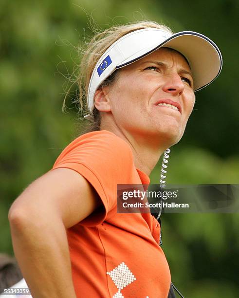 European team captain Catrin Nilsmark watches the play during the Saturday afternoon four-ball matches at the Solheim Cup at Crooked Stick Golf Club...