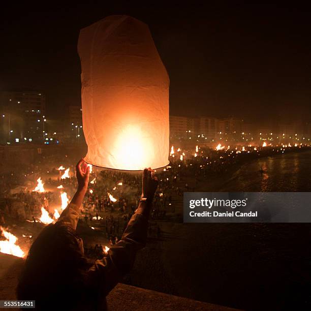 a paper lantern in st john's eve in a coruña - san juan stock pictures, royalty-free photos & images