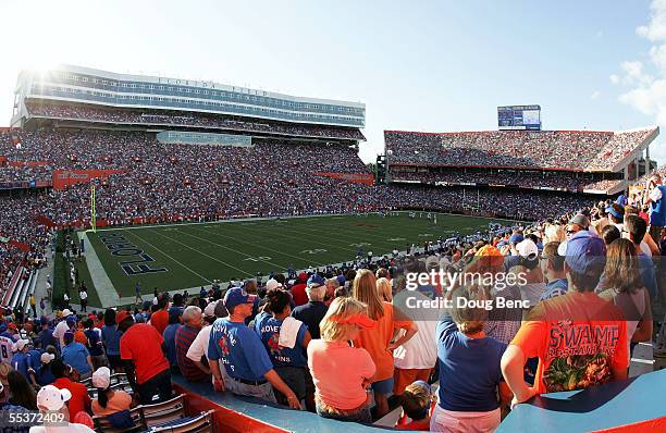 General view as the University of Florida Gators takes on the Louisiana Tech Bulldogs at Ben Hill Griffin Stadium on September 10, 2005 in...