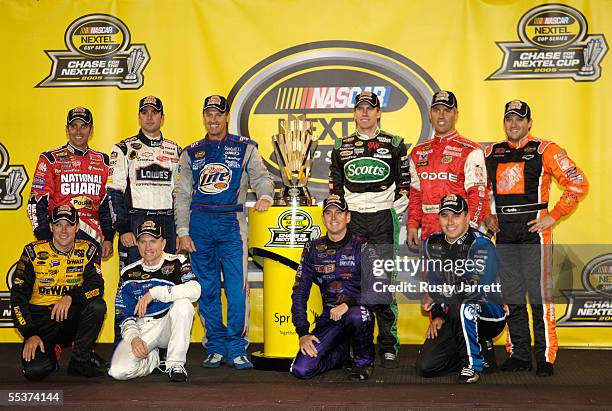 The top ten drivers in the Chase for the NASCAR Nextel Cup Championship pose after the NASCAR Nextel Cup Series Chevy Rock & Roll 400 on September...