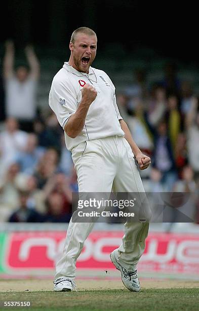 Andrew Flintoff of England celebrates taking the wicket of Damien Martyn of Australia during day four of the fifth npower Ashes Test match between...
