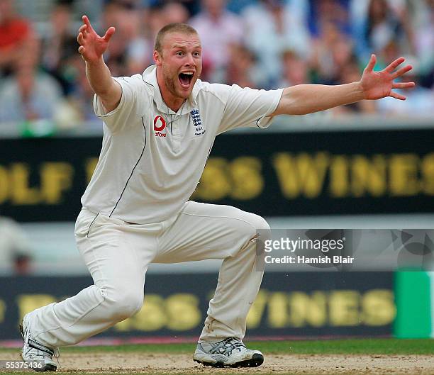 Andrew Flintoff of England traps Simon Katich of Australia LBW during day four of the Fifth npower Ashes Test between England and Australia played at...