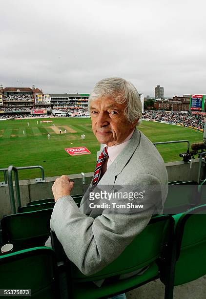 Channel 4 commentator Richie Benaud looks on during day four of the Fifth npower Ashes Test match between England and Australia at the Brit Oval on...