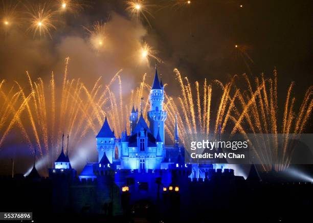 Fireworks explode over the Sleeping Beauty Castle at Hong Kong Disneyland at Hong Kong Disneyland September 11, 2005 in Hong Kong. The new theme park...