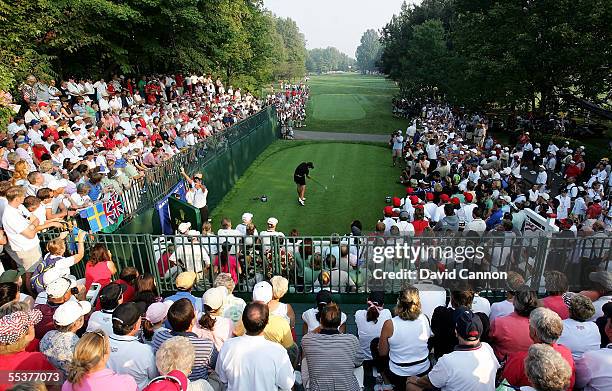 European team member Sophie Gustafson of Sweden hits her first tee shot at the 1st hole in the first match in front of packed crowds during the final...