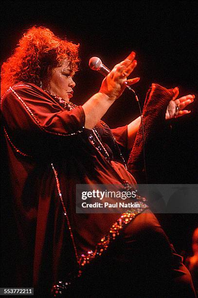 American Blues musician Etta James performs onstage at the Chicago Theater, Chicago, Illinois, October 20, 1991.