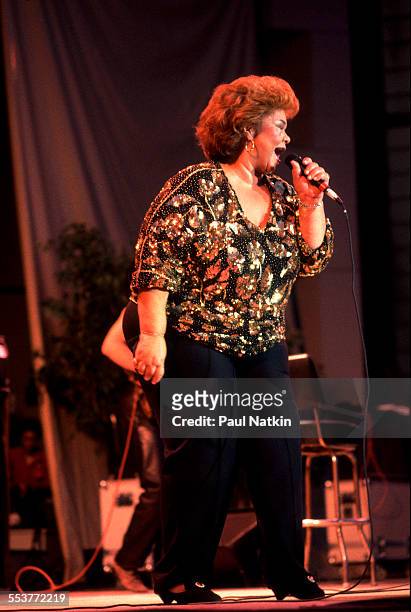American Blues musician Etta James performs onstage at the Chicago Theater, Chicago, Illinois, October 20, 1991.