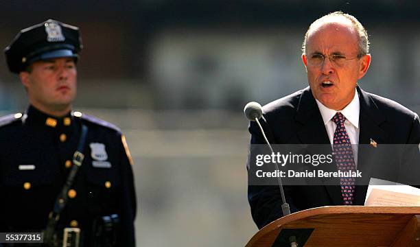 Former New York City Mayor Rudolph Giuliani speaks as he makes a tribute to the victims of the terrorist attacks of 2001 on September 11, 2005 in New...