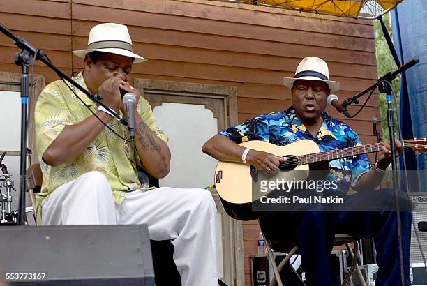 American Blues musicians John Cephas and Phil Wiggins perform onstage at the Chicago Blues Festival in Grant Park, Chicago, Illinois, June 10, 2007.