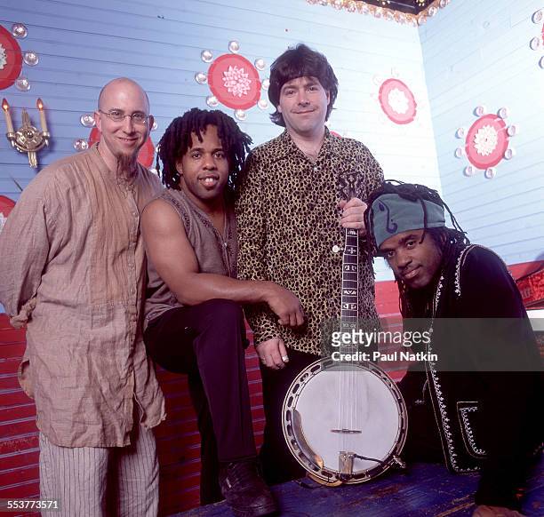 Portrait of American Jazz-fusion group Bela Fleck and the Flecktones as they pose at the House of Blues, Chicago, Illinois, February 11, 2000....
