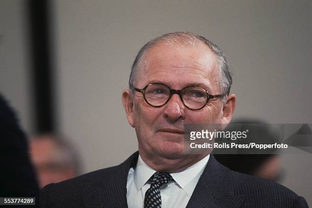 British Conservative Party politician and Member of Parliament for Wirral, Selwyn Lloyd pictured sitting on the platform at the Conservative Party...