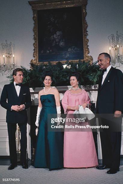 President of the United States, Lyndon Baines Johnson stands on right with Princess Margaret , his wife, Lady Bird Johnson and, on left, Antony...