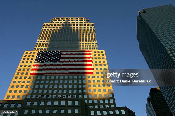 Shadow of a nearby building is cast onto the World Financial Center near Ground Zero September 11, 2005 in New York City. This is the fourth...