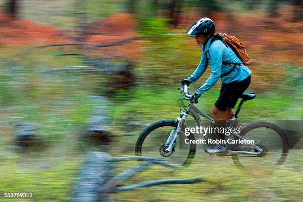 a woman mountain biker is blurred by motion while riding through autumn colors in the rattlesnake recreation area near missoula, montana. - missoula stock pictures, royalty-free photos & images