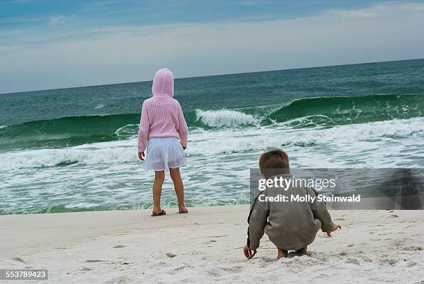 boy and girl watching waves from shore at pensacola beach fl. - molly steinwald stock pictures, royalty-free photos & images