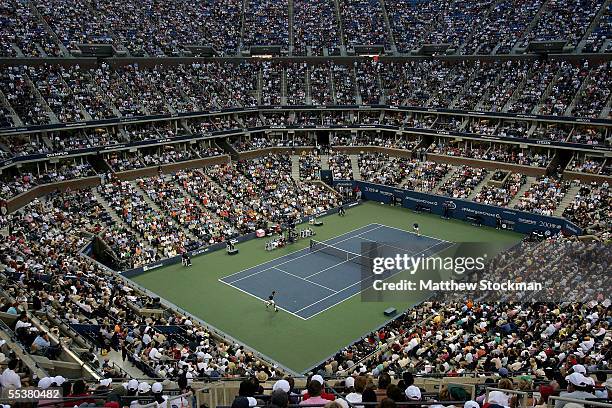 General view of Arthur Ashe Stadium as Andre Agassi takes on Roger Federer of Switzerland during the men's final of the US Open at the USTA National...
