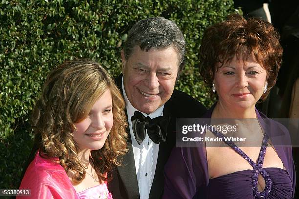 Comedian Jerry Lewis and wife SanDee Pitnick and daughter Daniele arrive at the 2005 Creative Arts Emmy Awards held at the Shrine Auditorium on...