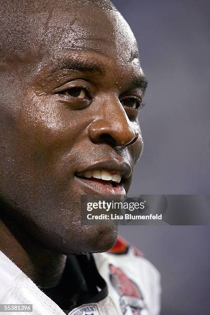 Defensive end Simeon Rice of the Tampa Bay Buccaneers watches the game against the Minnesota Vikings on September 11, 2005 at H.H.H. Metrodome in...