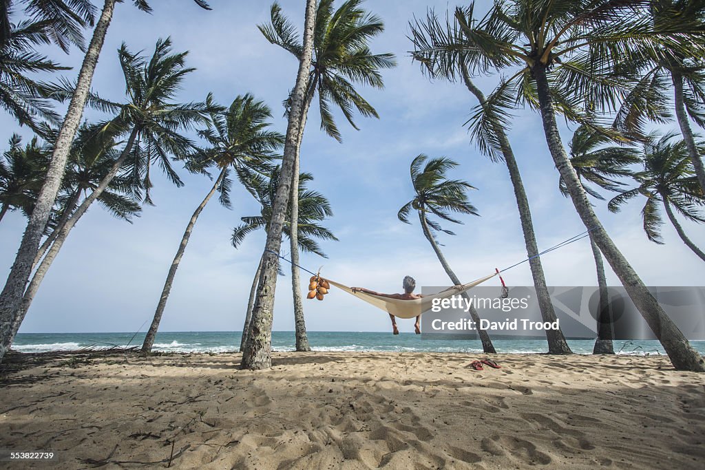 Man relaxing in hammock in tropical location.