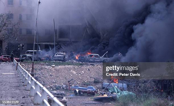 View of the destruction and damage at the scene of the suicide bombing of the American Embassy, Beirut, Lebanon, April 18, 1983.