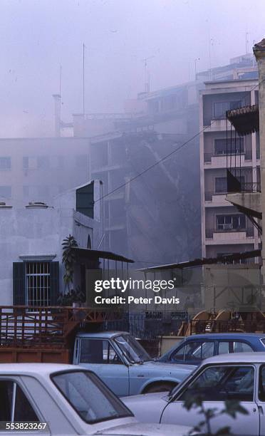 View of the destruction and damage at the scene of the suicide bombing of the American Embassy, Beirut, Lebanon, April 18, 1983.