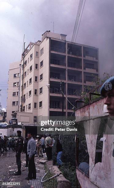 View of the destruction and damage at the scene of the suicide bombing of the American Embassy, Beirut, Lebanon, April 18, 1983.