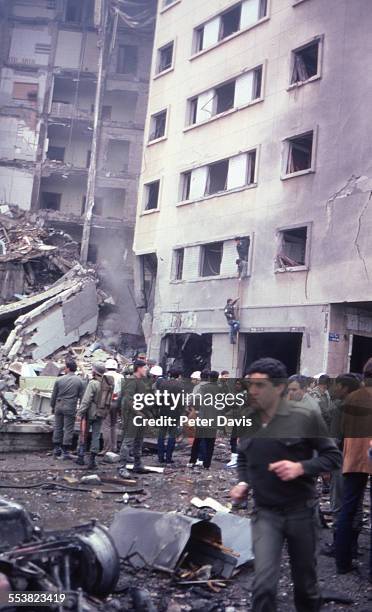 View of the destruction and damage at the scene of the suicide bombing of the American Embassy, Beirut, Lebanon, April 18, 1983.