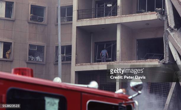 View of the destruction and damage at the scene of the suicide bombing of the American Embassy, Beirut, Lebanon, April 18, 1983.