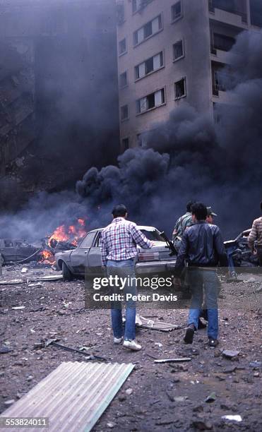 View of the destruction and damage at the scene of the suicide bombing of the American Embassy, Beirut, Lebanon, April 18, 1983.