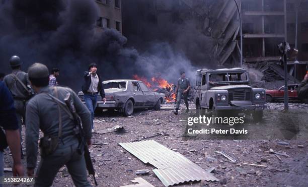 View of the destruction and damage at the scene of the suicide bombing of the American Embassy, Beirut, Lebanon, April 18, 1983.