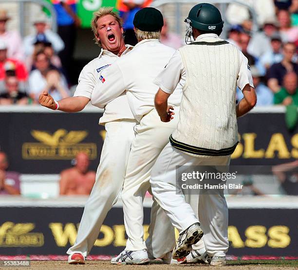 Shane Warne of Australia celebrates the wicket of Andrew Flintoff of England during day five of the Fifth npower Ashes Test between England and...