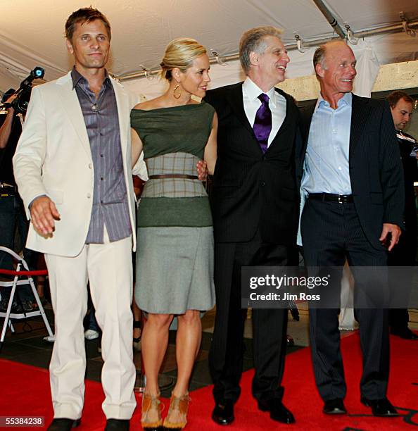 Actor Viggo Mortensen, actress Maria Bello, director David Cronenberg and actor Ed Harris arrive at the Premiere of 'History of Violence' on...