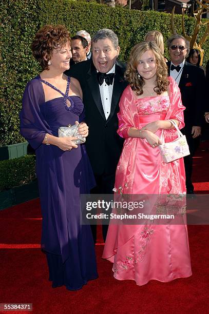 Comedian Jerry Lewis and wife SanDee Pitnick and daughter Daniele arrive at the 2005 Creative Arts Emmy Awards held at the Shrine Auditorium on...