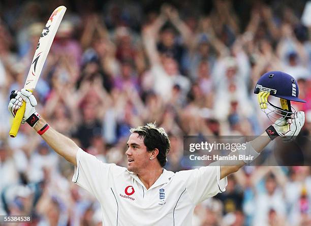 Kevin Pietersen of England celebrates his maiden Test century during day five of the Fifth power Ashes Test between England and Australia played at...