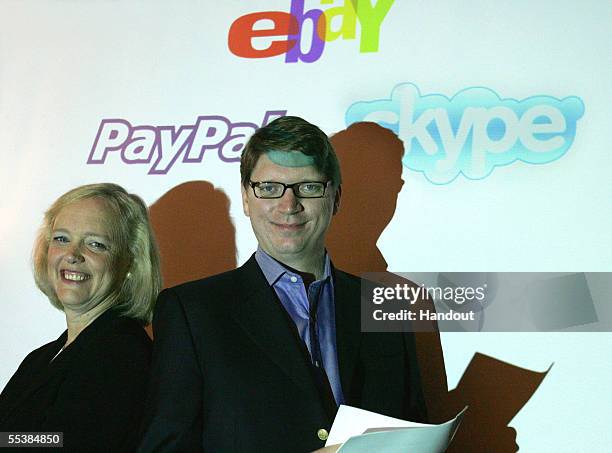 In this handout image provided by Ebay, President and Chief Executive Officer of eBay, Meg Whitman , poses with Niklas Zennstrom, CEO and Cofounder...