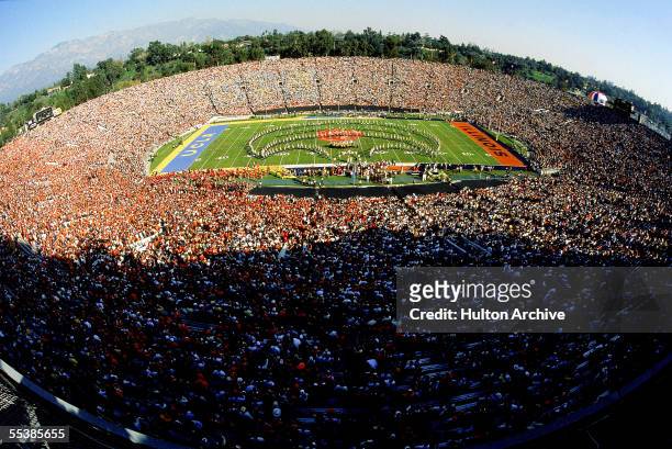 Fisheye view of the half-time show at the 1984 Rose Bowl Game between UCLA and Illinois, Pasadena, California, January 2, 1984. UCLA won the game,...