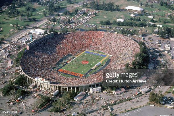 Aerial view of the half-time show at the 1984 Rose Bowl Game between UCLA and Illinois, Pasadena, California, January 2, 1984. UCLA won the game, 45...