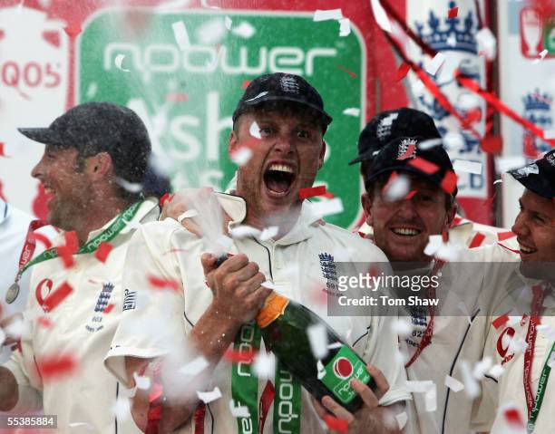 Andrew Flintoff of England celebrates after England regained the Ashes during day five of the Fifth npower Ashes Test match between England and...