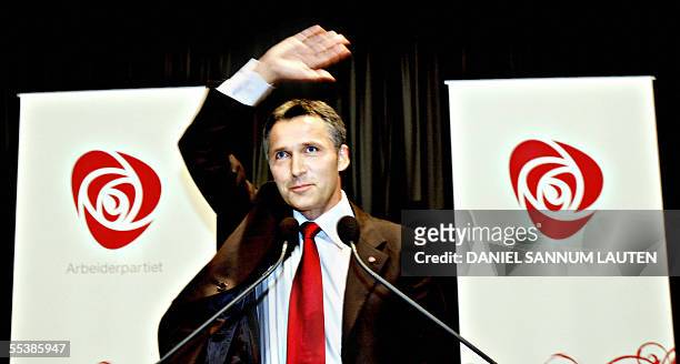 The Norwegian Socialist Party Prime Minister candidate Jens Stoltenberg stands on stage facing supporters at his Socialist Party election...