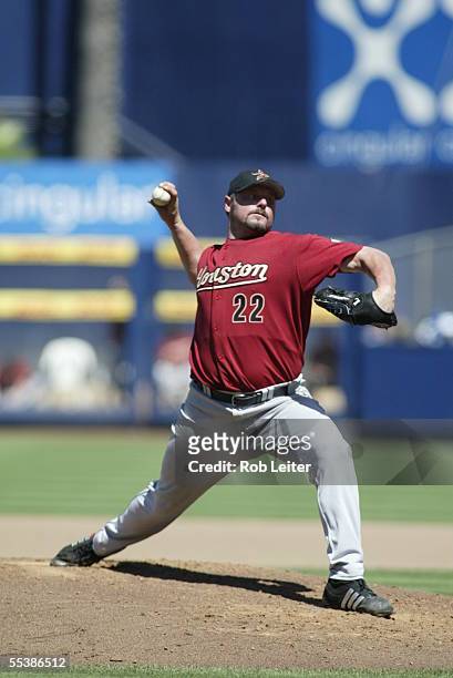 August 28: Roger Clemens of the Houston Astros pitches during the game against the Los Angeles Dodgers at Dodger Stadium on August 28, 2005 in Los...