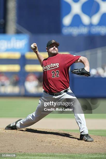 August 28: Roger Clemens of the Houston Astros pitches during the game against the Los Angeles Dodgers at Dodger Stadium on August 28, 2005 in Los...