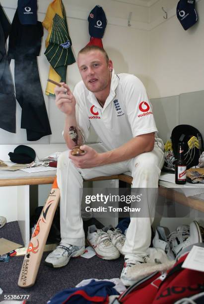 Andrew Flintoff of England celebrates in the changing room following day five of the Fifth npower Ashes Test match between England and Australia at...