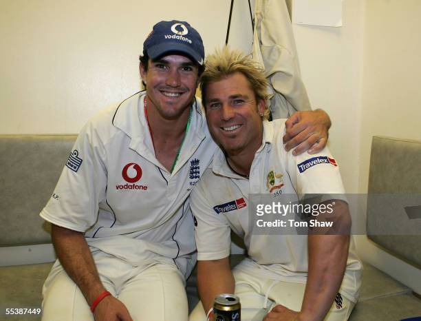Shane Warne of Australia and Kevin Pietersen of England pose in the changing room during day five of the Fifth npower Ashes Test match between...