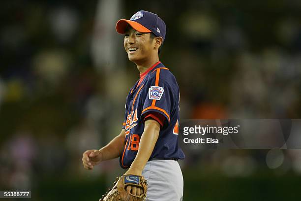 Pitcher Yusuke Taira of Japan smiles during the International Final of the Little League World Series against Curacao on August 27, 2005 at Lamade...