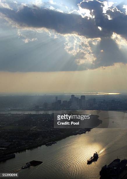 Sunset is seen over downtown September 12, 2005 in New Orleans, Louisiana. U.S. President George W. Bush, on a tour of devastated New Orleans,...