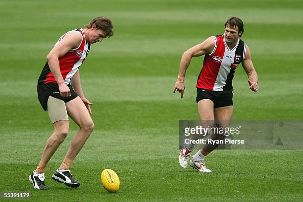Justin Koschitzke and Aaron Hamill of the Saints in action during the St Kilda Saints training session at the M.C.G. On September 13, 2005 in...