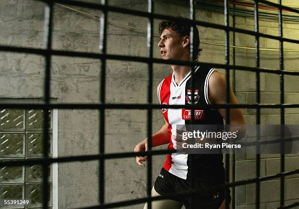 Justin Koschitzke of the Saints leaves the ground during the St Kilda Saints training session at the M.C.G. On September 13, 2005 in Melbourne,...