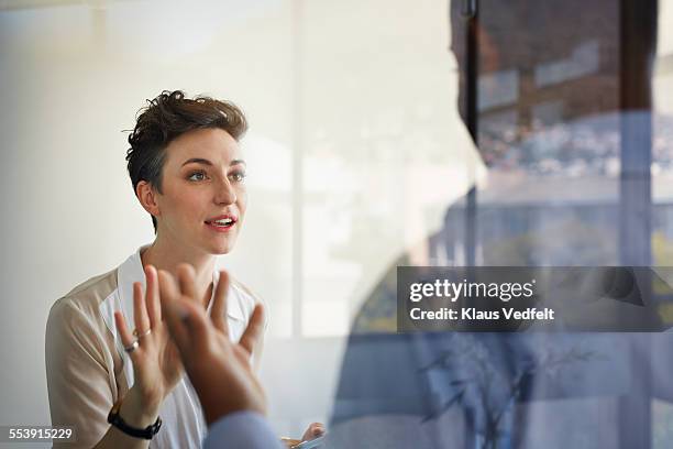 businesswoman having discussion with male coworker - interference ストックフォトと画像