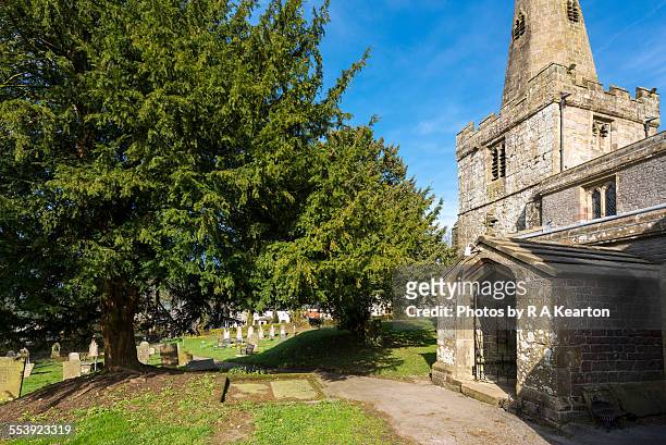 old church porch and yew trees - evergreen cemetery stock pictures, royalty-free photos & images